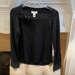 NWT Victor Costa Occassion Black Flower Bling Sweater Women's Pullover Sz M